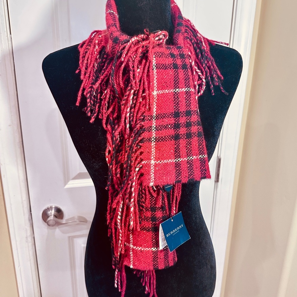 NEW tag Burberry Red Black Plaid Check Happy Fringe Scarf Merino Angora Cashmere - Picture 2 of 11